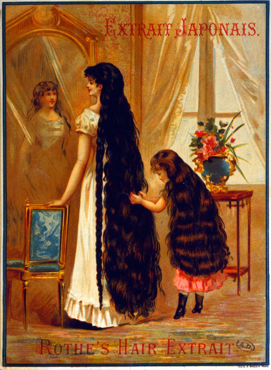 Az Extrait Japonais hajnövekedést elősegítő fodrásztermék reklámja, 1895 alkotó: French School
