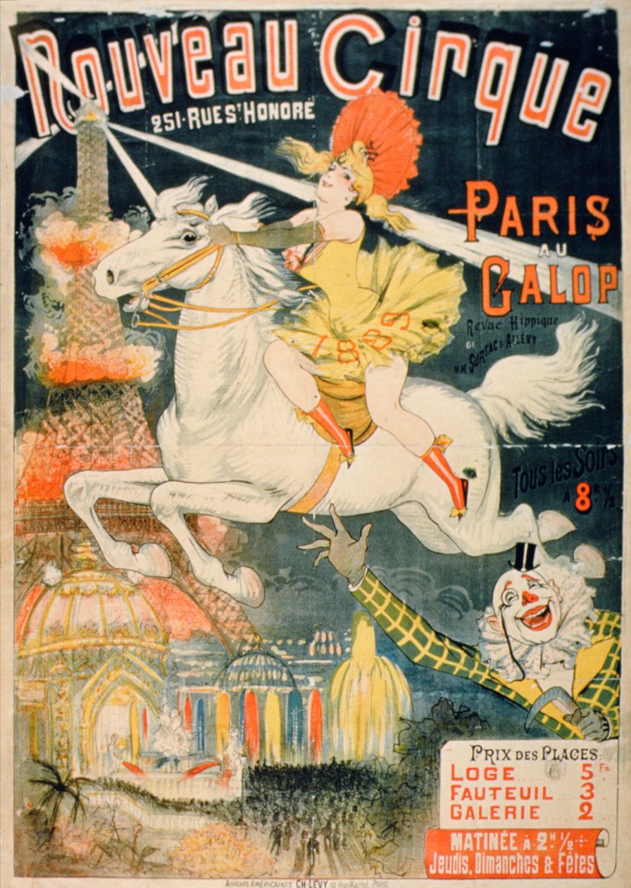 A „Galloping Through Paris”, Újcirkusz reklámja (színes litó) alkotó: French School