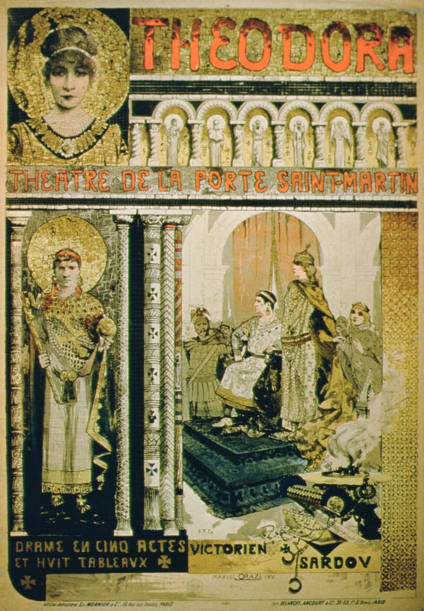 Victorien Sardou Theodora című művének reklámja a Theater de La Porte Saint-Martinban, Párizs (színes litó) alkotó: French School