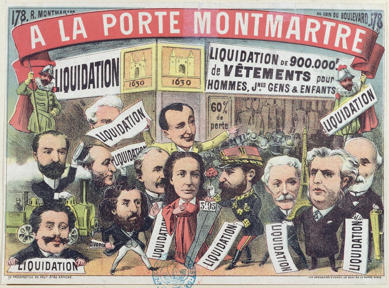 Ruhakiárusítás hirdetése a párizsi La Porte Montmartre áruházban, 1880 körül alkotó: French School