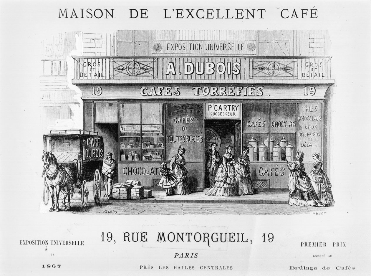 Kávéárus hirdetése a Rue Montorgueil-ben, Párizsban, 1870 körül alkotó: French School