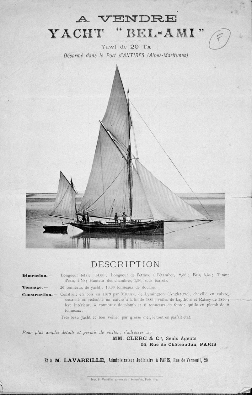 Eladó hirdetés Guy de Maupassant Bel-Ami jachtjáról alkotó: French School