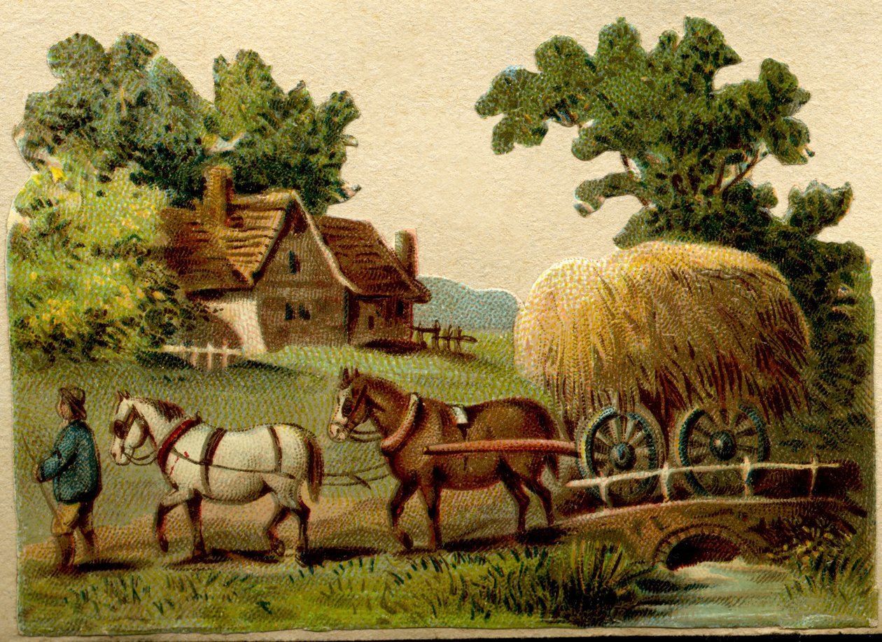 Reklám kromolitográf, faragott, amely egy vidéki jelenetet ábrázol, két lovat egy farmer vezetésével, szalmakocsit húzva alkotó: French School
