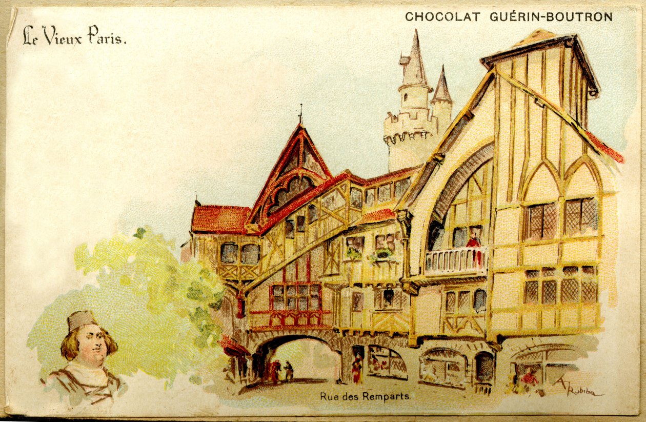 Reklám Csokoládék kromolitográfiája Guerin Boutron, The Old Paris, Rue des Remparts alkotó: French School