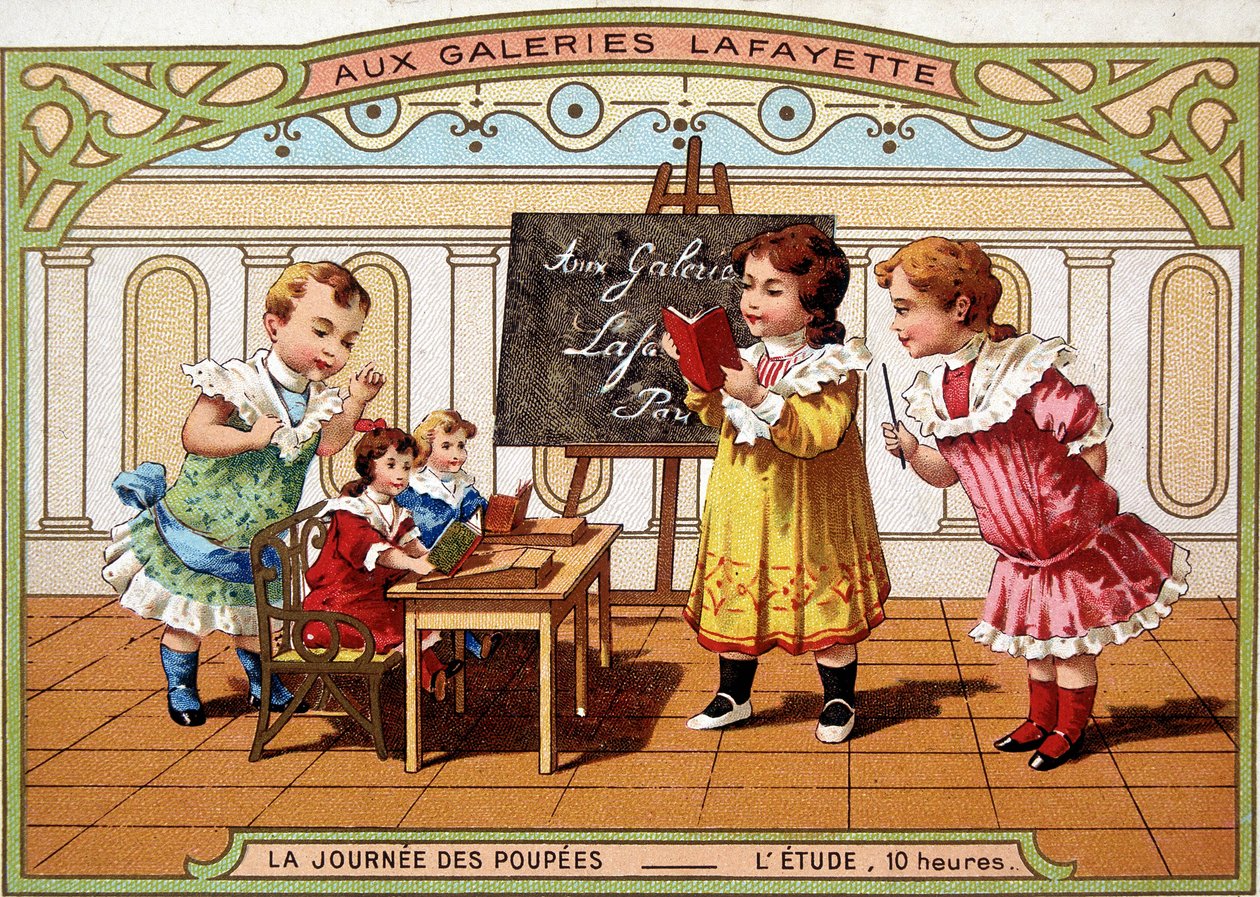 Reklámkártya a Galeries Lafayette számára: tanítónőként játszó kislányok, babáikkal. alkotó: French School