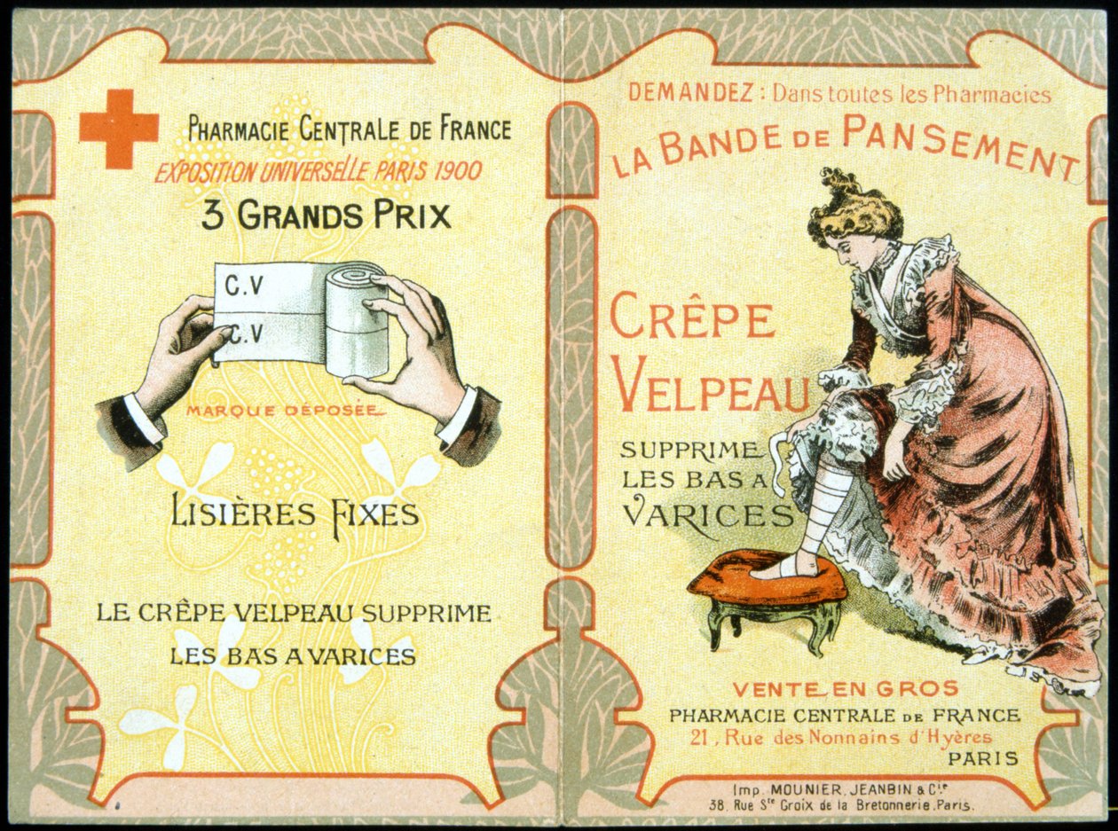 "" A Velpeau Crepe Dressing Band eltávolítja a visszeres harisnyát" reklámkártyája. SD. 19. század. alkotó: French School