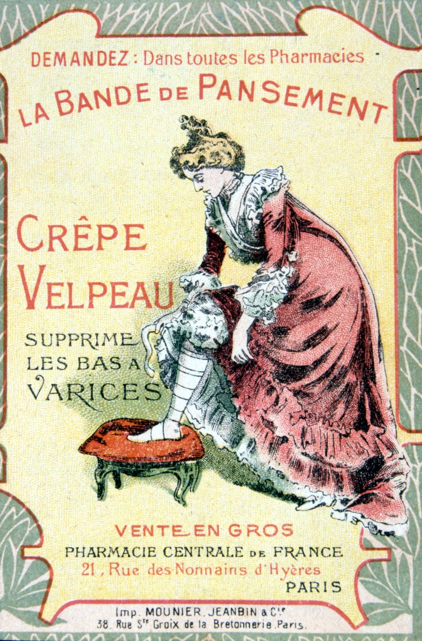"" A Velpeau Crepe Dressing Band eltávolítja a visszeres harisnyát" reklámkártyája. SD. 19. század. alkotó: French School