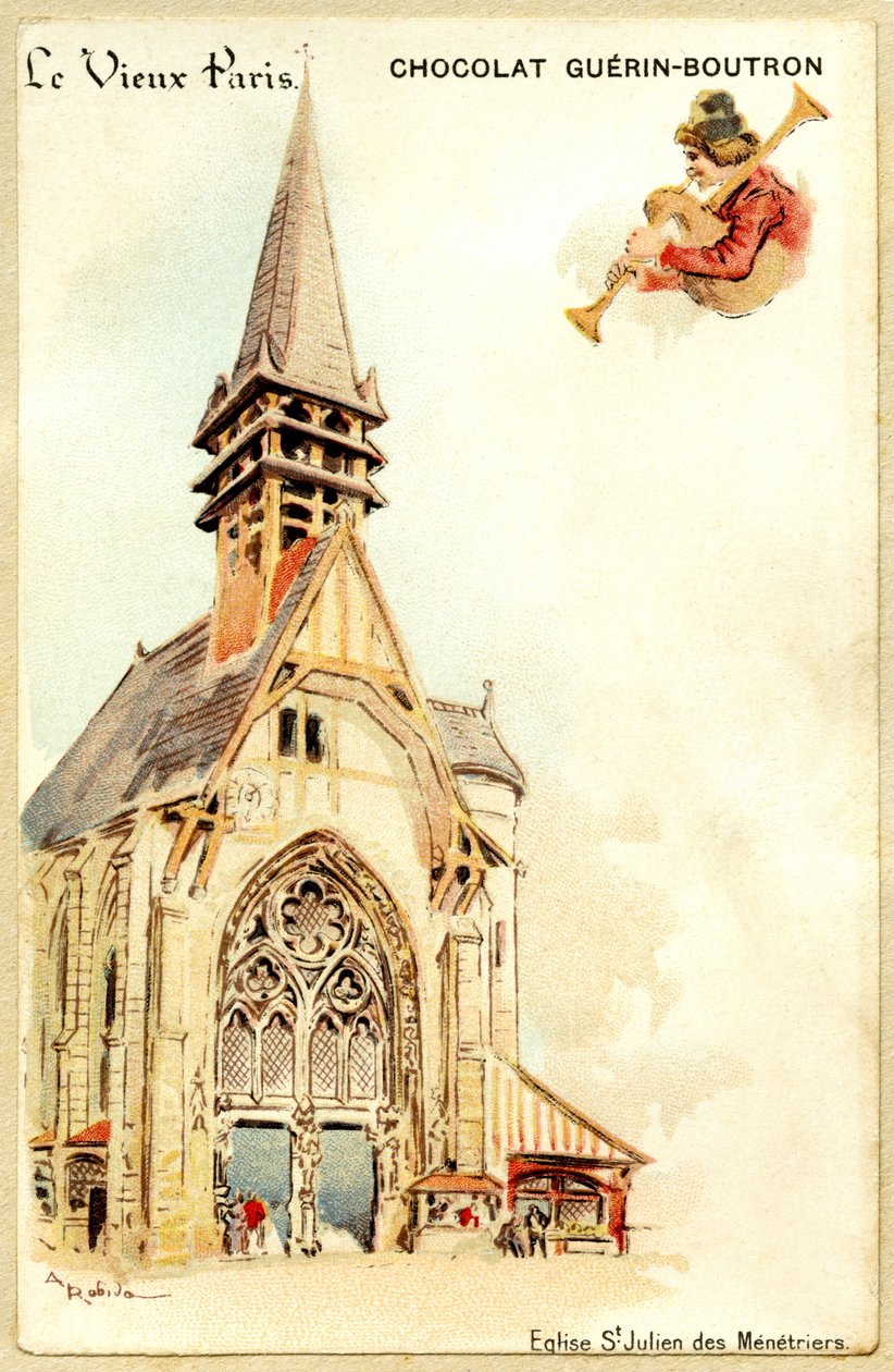 Guerin Boutron csokoládék reklámkromolitográfiája, LE VIEUX PARIS, Saint Julien des Menetriers templom alkotó: French School