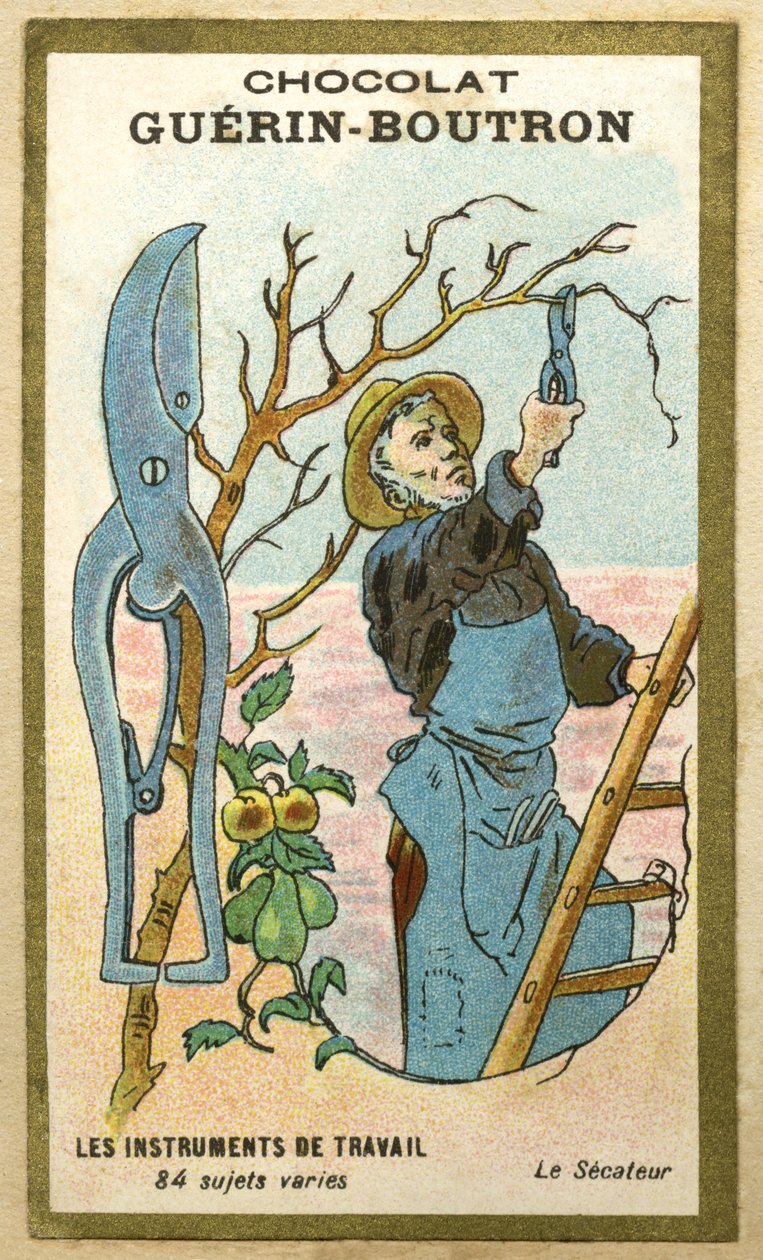 Guerin Boutron csokoládék reklámkromolitográfiája, munkaeszközök, 84 változatos téma, metszőolló (kromolitográfia) alkotó: French School