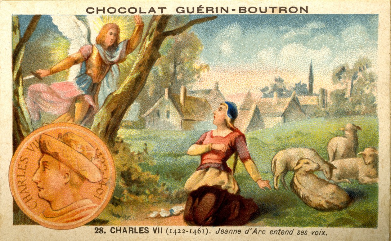 Csokoládék reklámkromolitográfiája Guerin Boutron, VII. Károly király 1422-től 1461-ig. Joan of Arc hangokat hall (kromolitográfia) alkotó: French School