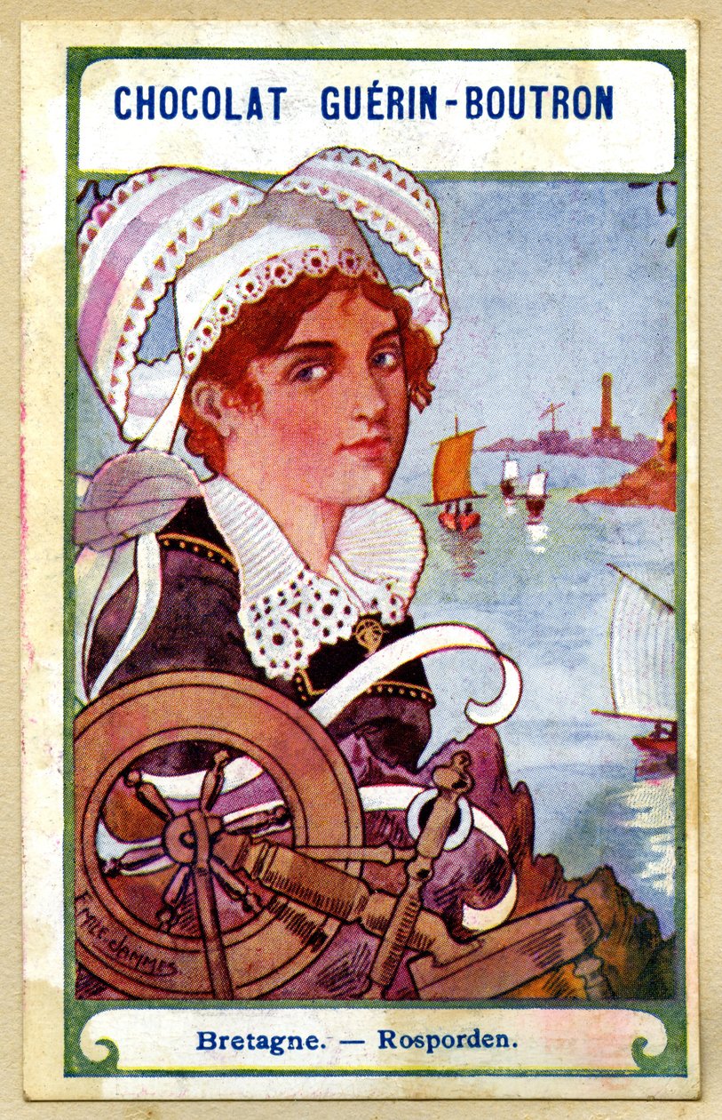 Csokoládék reklámkromolitográfiája Guerin Boutron, Franciaország, Bretagne, Rosporden régióinak fejdíszei, illusztráció Emile Jammes (kromolitográfia) alkotó: French School