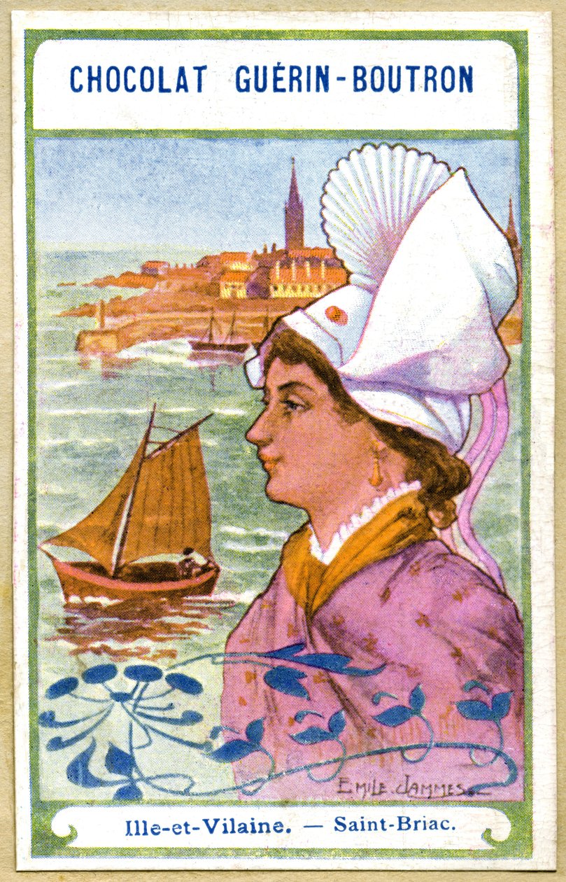 Csokoládék reklámkromolitográfiája Guerin Boutron, Franciaország, Ille et Vilaine, Saint Briac régióinak fejdíszei, illusztráció Emile Jammes (kromolitográfia) alkotó: French School