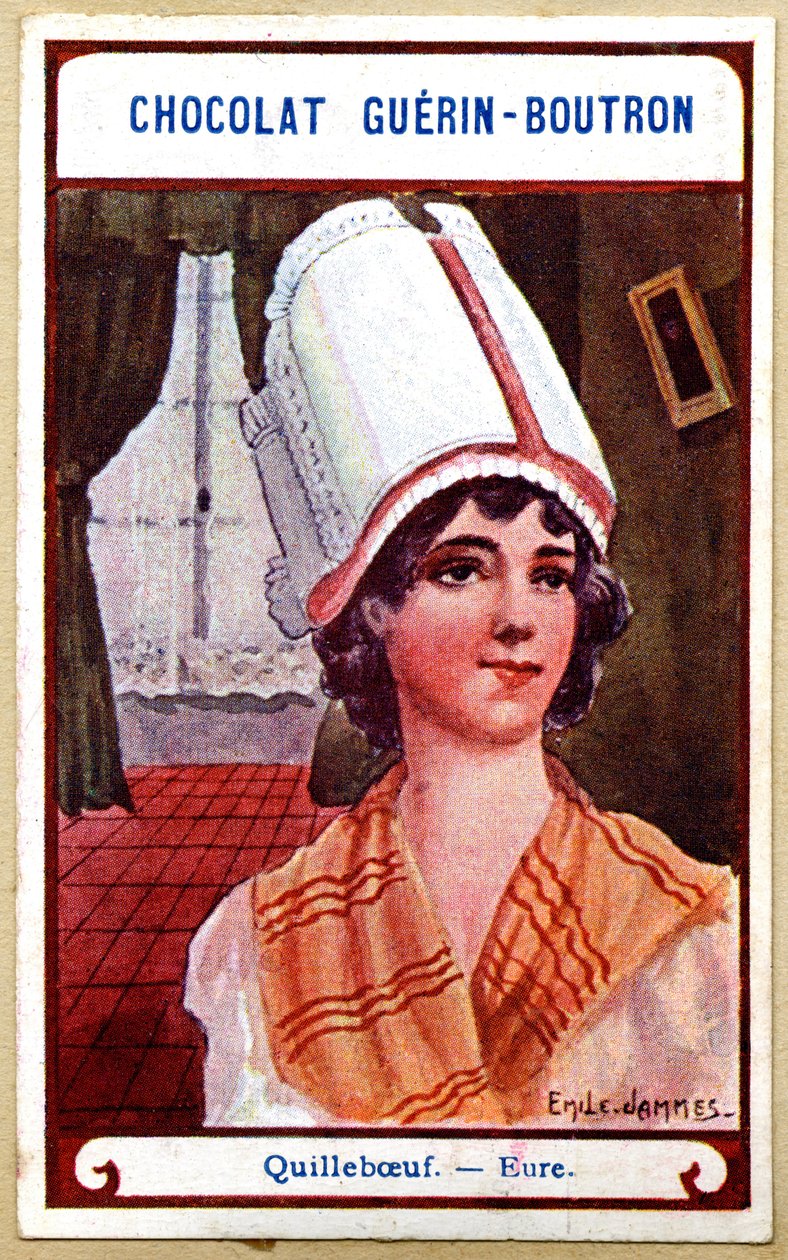 Csokoládék reklámkromolitográfiája Guerin Boutron, Franciaország, Quillebœuf, Eure régiók fejdíszei, illusztráció Emile Jammes (kromolitográfia) alkotó: French School