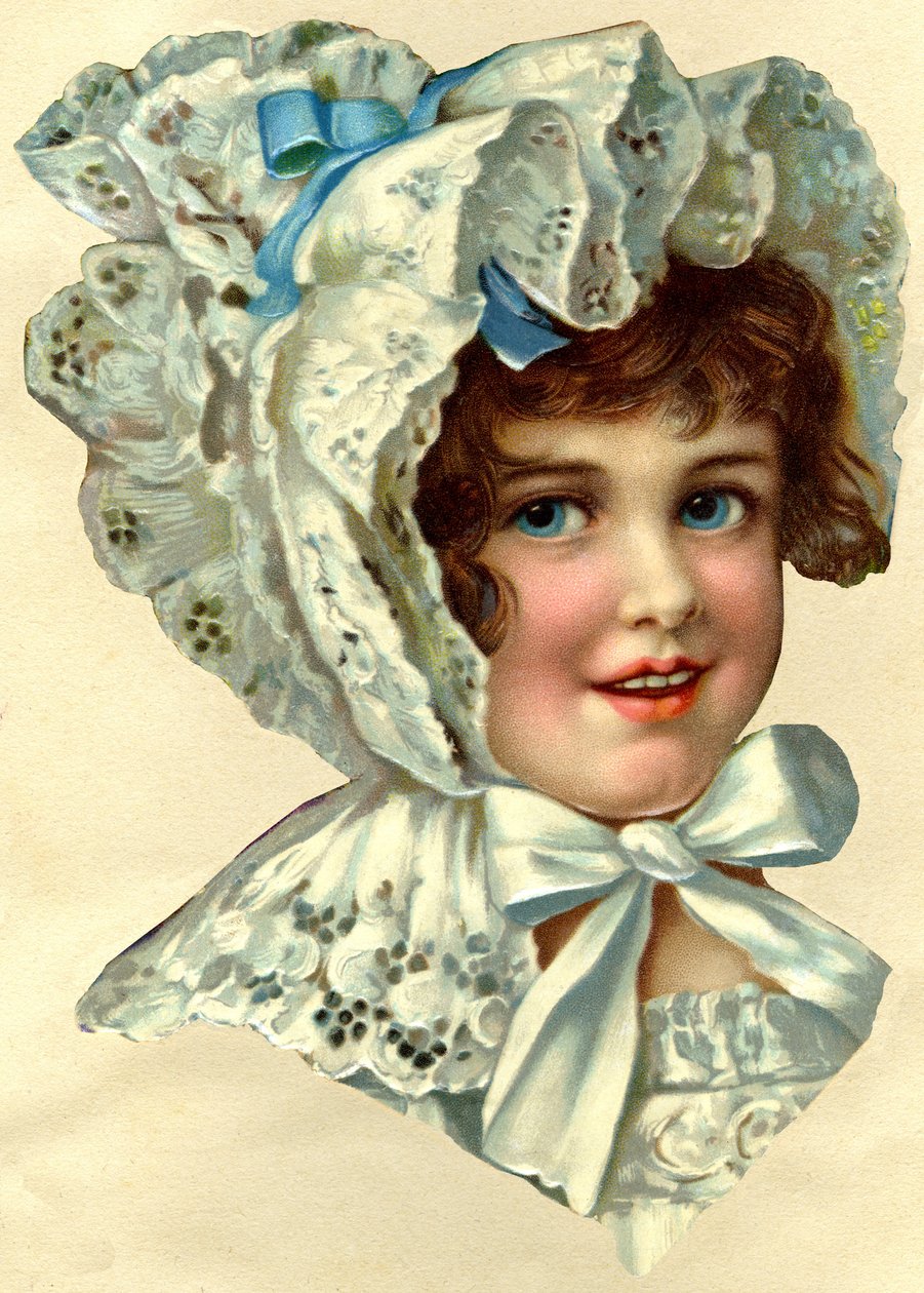 A XX. század elején igen divatos ábrázolt rajzok körvonalai szerint méretre vágott, albumba vágható és beragasztható reklámkromosok, Kislány portréja, XX. század eleje (chromolithog alkotó: French School