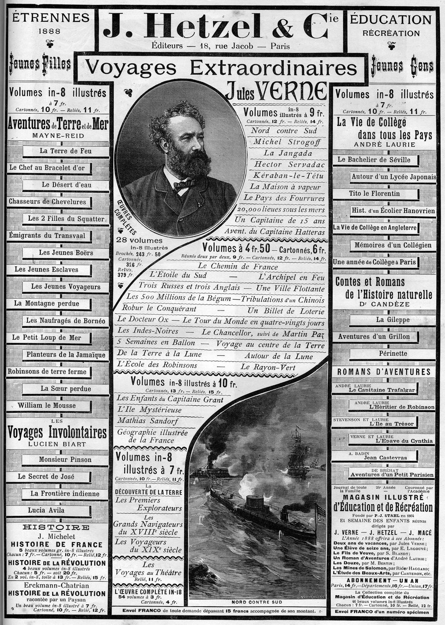 Jules Verne regényeinek reklámozása az 1887-es év végéhez közeledve, szerkesztő J. Hetzel. alkotó: French School