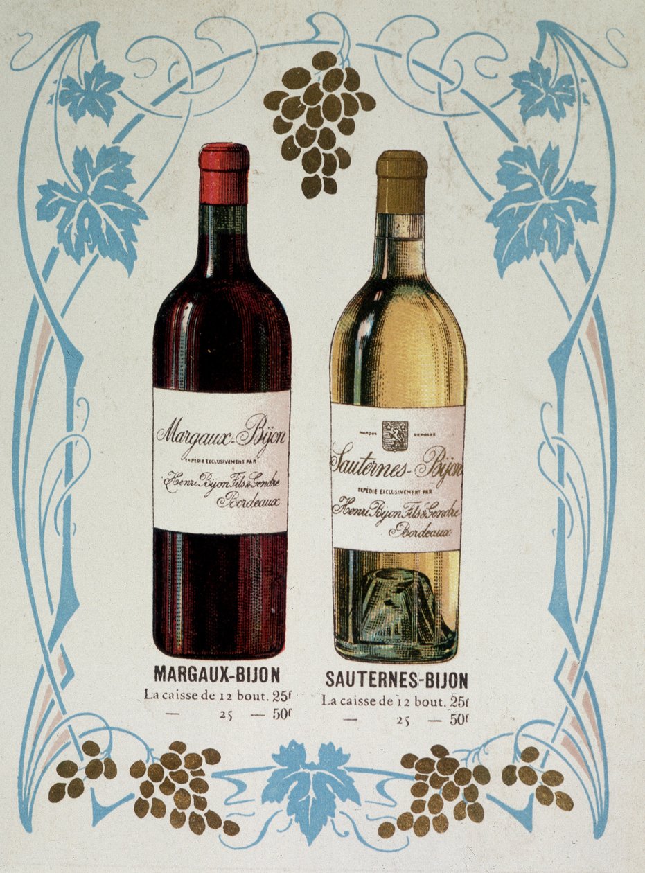 Margaux-Bijon (Margaux Bijon) és Sauternes-Bijon (Sauternes Bijon) bor értékesítésének hirdetése, 25 frt a 12 palackból, 50 frt 25-én alkotó: French School