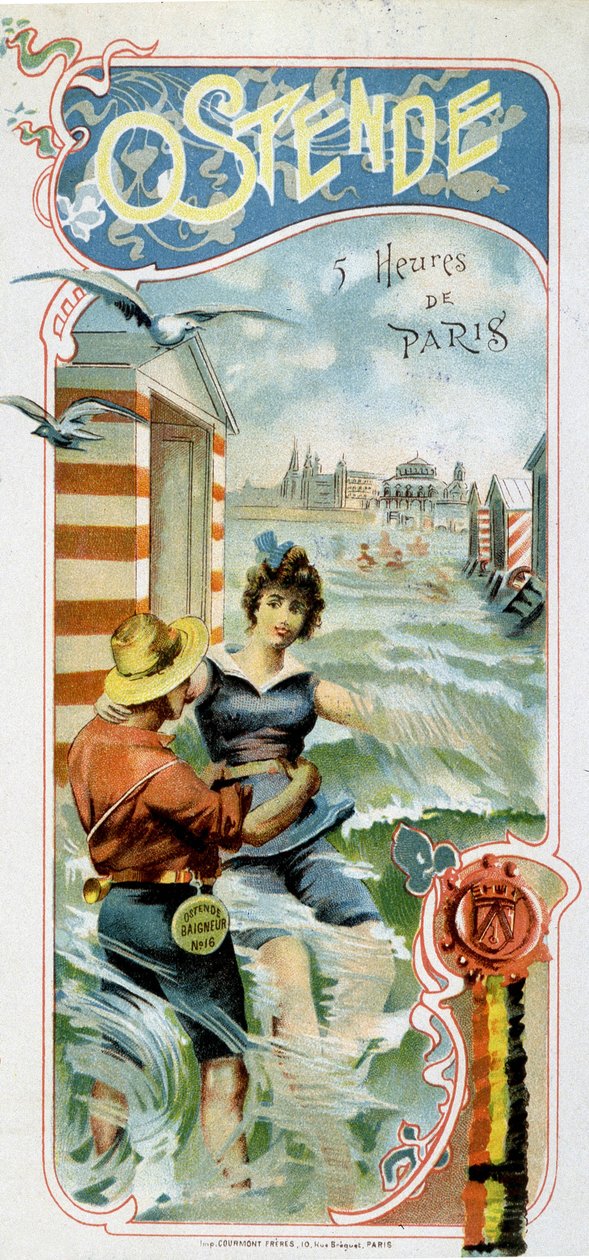 Párizsból Ostendába (Belgium) való eljutás reklámozása: Oostende: 5 óra Párizsból, 1900 körül (kromolitográfia) alkotó: French School