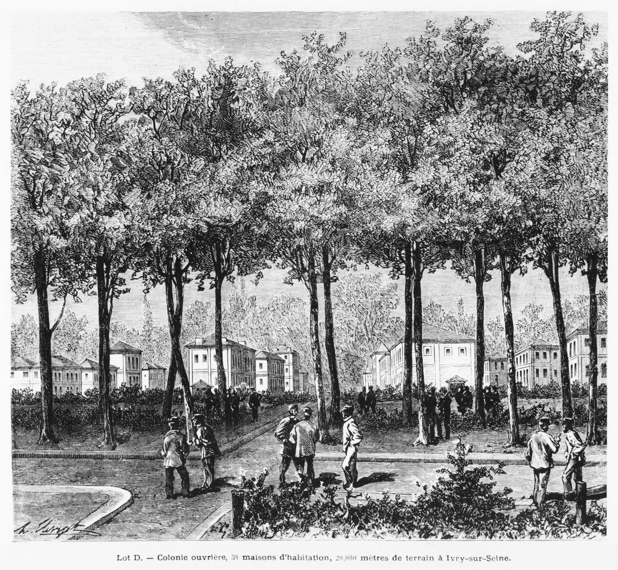 Munkástelepet ábrázoló hirdetés, illusztráció a Le Monde Illustre-ből, 1876 alkotó: French School