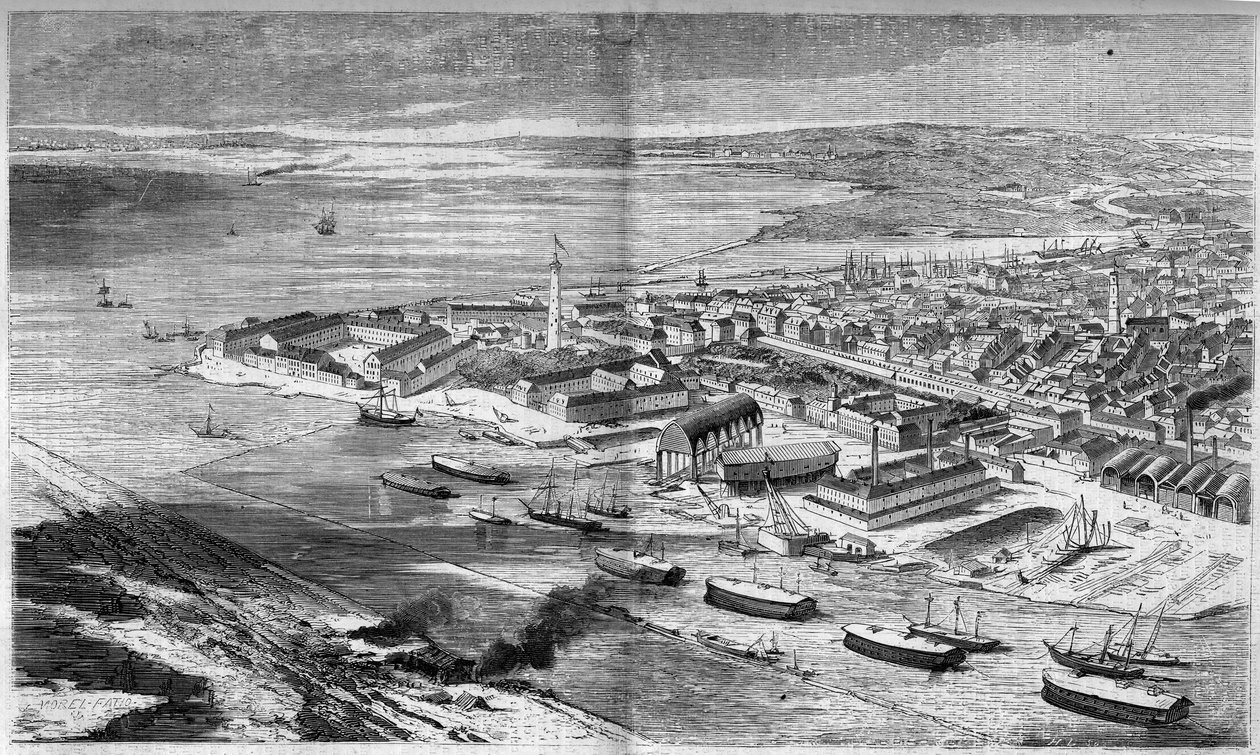 Légi kilátás a városra és Lorient kikötőjére, Morbihan (56) alkotó: French School