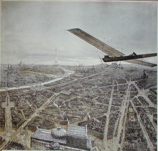 Repülőgép Párizs felett, illusztráció egy 1911-es naptárhoz (színes litó) alkotó: French School