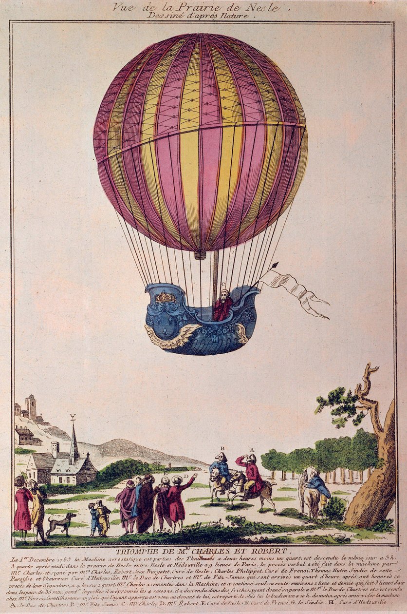 Aerostat: a második kísérlet a léggömbön való repülésre. Charles és Robert leszállnak a Párizs melletti Prairie de Nesle-re egy hidrogéngázzal működő léggömbön tett utazás után, 1783. december 01-én. Metszet a 18. századból. alkotó: French School