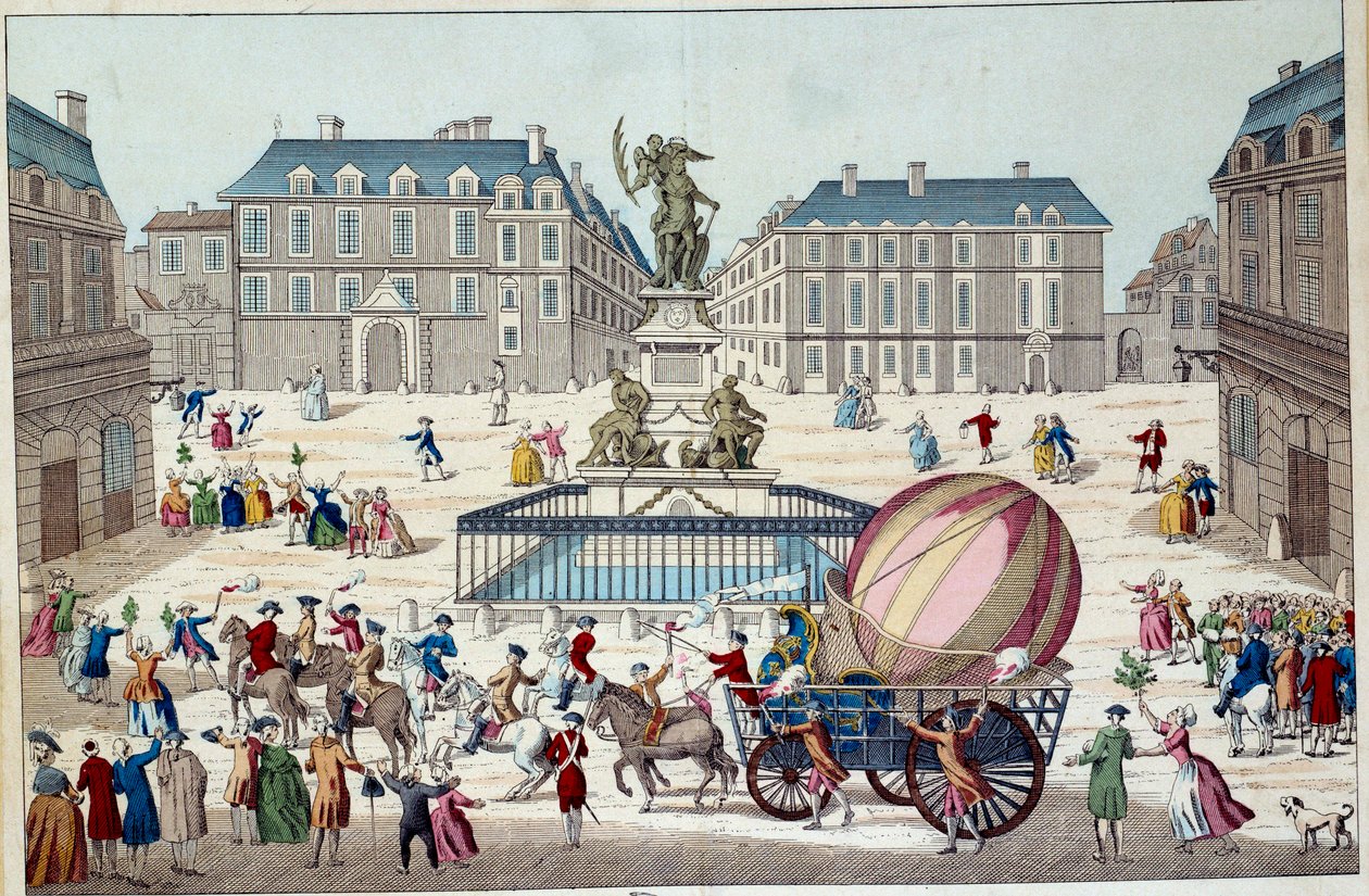 Aerostat: a második kísérlet léggömbön való repülésre. Charles és Robert teljes aerosztatikus földgömbje Párizsban, egy hidrogéngáz-ballonos utazás után, 1783.12.02. Névtelen 18. századi nyomtatvány. Párizs, díszítőművészet alkotó: French School