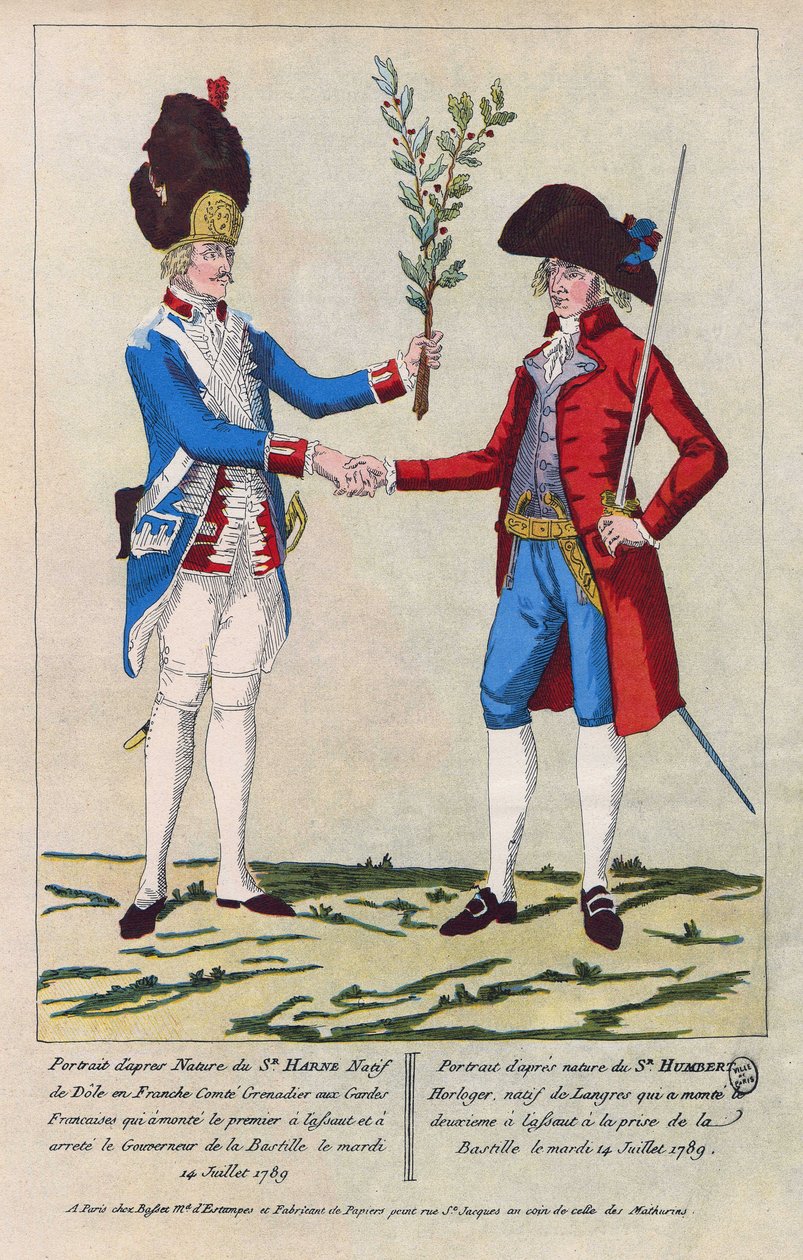 Sieur Harne gránátos és Sieur Humbert órásmester természet utáni portréja. Ők voltak az elsők, akiket a Bastille 1789. július 14-i elfoglalásakor megtámadtak. Metszet 1790-ből. alkotó: French School