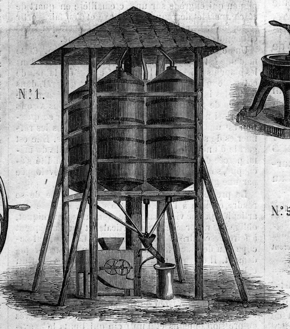 Mezőgazdasági gép: konzervatív padlás búza számára, amelyet az 1860-as párizsi mezőgazdasági kiállításon mutattak be. Metszet a „” Le Monde Illustré”” 168. számában, június 30 alkotó: French School