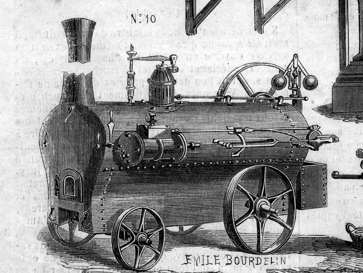 Mezőgazdasági gép: mozdony, amelyet a párizsi mezőgazdasági versenyen mutattak be 1860-ban. Metszet az 1860. július 7-i „” Le Monde Illustré”” 169. sz. alkotó: French School