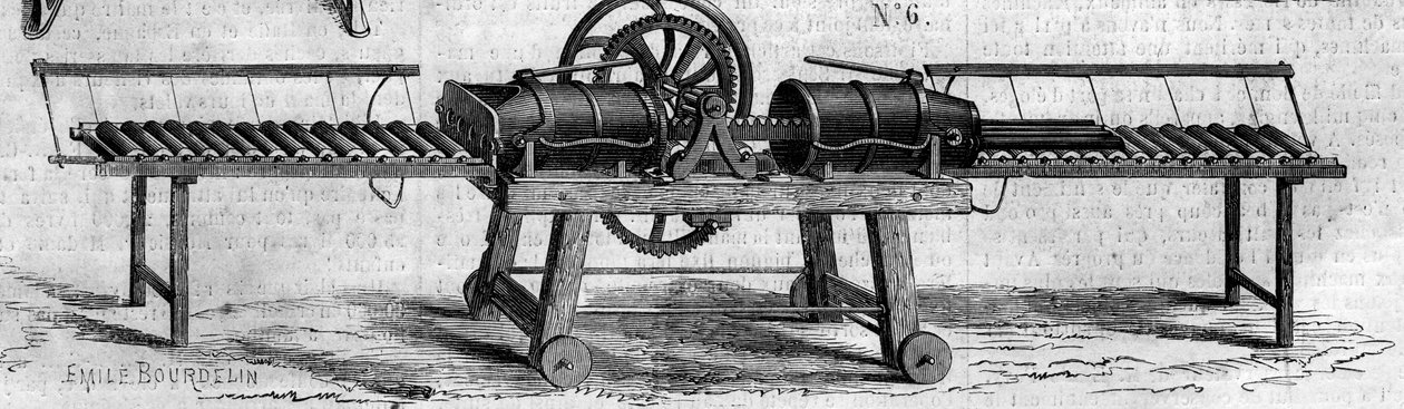 Mezőgazdasági gép: az 1860-as párizsi mezőgazdasági kiállításon bemutatott vízelvezető csövek készítésére szolgáló gép. Metszet a „” Le Monde Illustré”” 168. számában, június 30 alkotó: French School