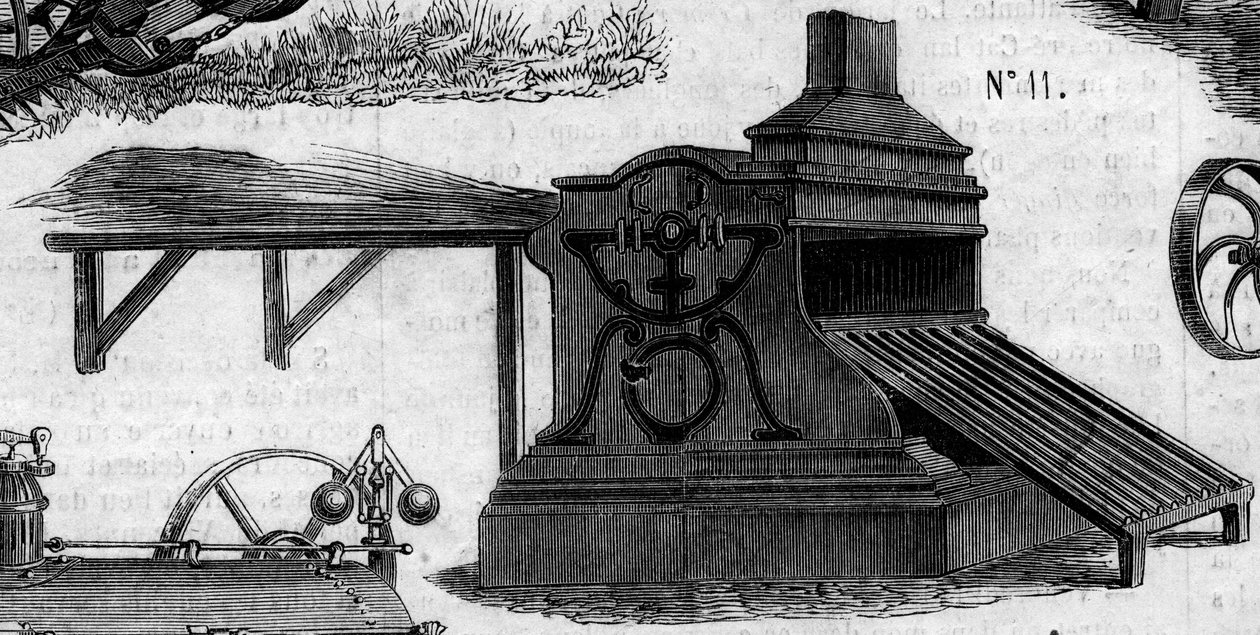 Mezőgazdasági gép: 1860-ban a párizsi mezőgazdasági versenyen bemutatott cséplőgép. Metszet a „” Le Monde Illustré”” 169. sz. 1860. július 7-én. alkotó: French School
