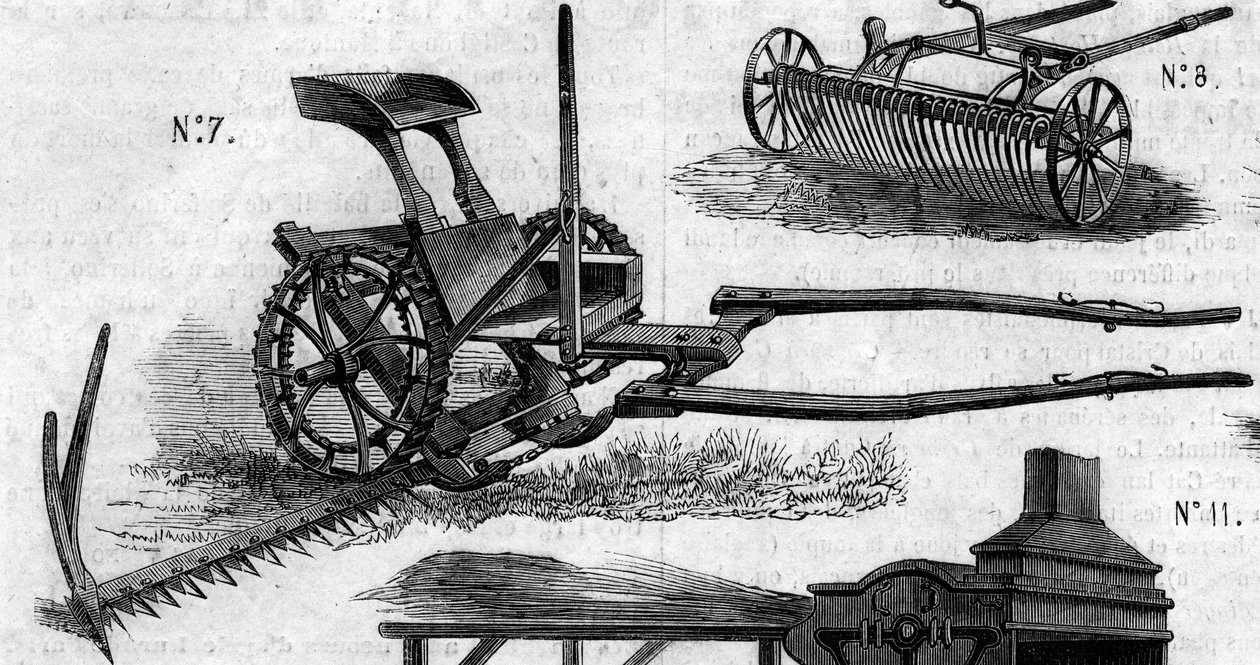 Mezőgazdasági gép: 1860-ban a párizsi mezőgazdasági versenyen bemutatott amerikai betakarítógép. Metszet az 1860. július 7-i „” Le Monde Illustré”” 169. sz. alkotó: French School