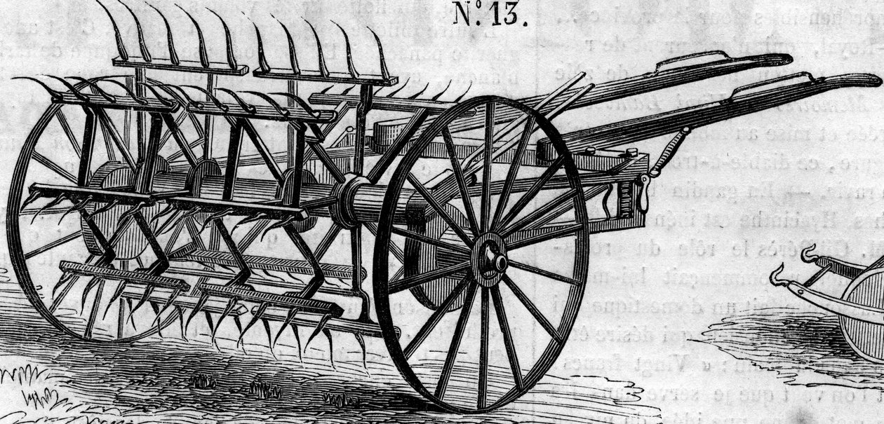 Mezőgazdasági gép: egy angol kettős működésű rendterítő, amelyet a párizsi mezőgazdasági versenyen mutattak be 1860-ban. Metszet a „” Le Monde Illustré”” 172. számában, 1860. július 28.. alkotó: French School