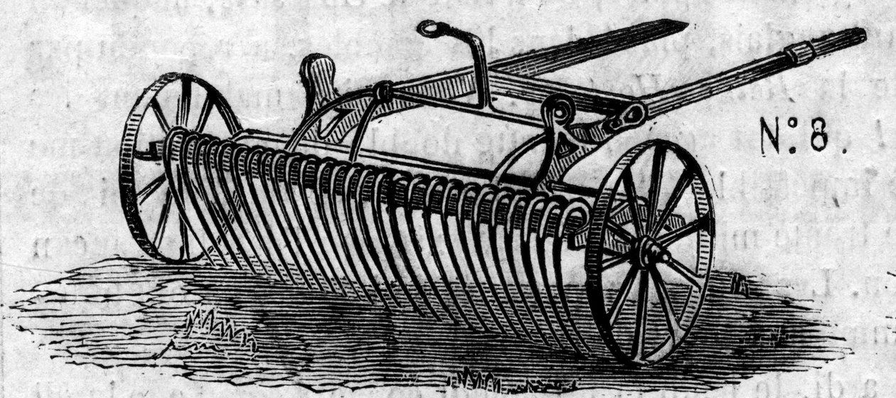 Mezőgazdasági gép: egy angol lógereblye, amelyet a párizsi mezőgazdasági versenyen mutattak be 1860-ban. Metszet az 1860. július 7-i „” Le Monde Illustré”” 169. sz. alkotó: French School