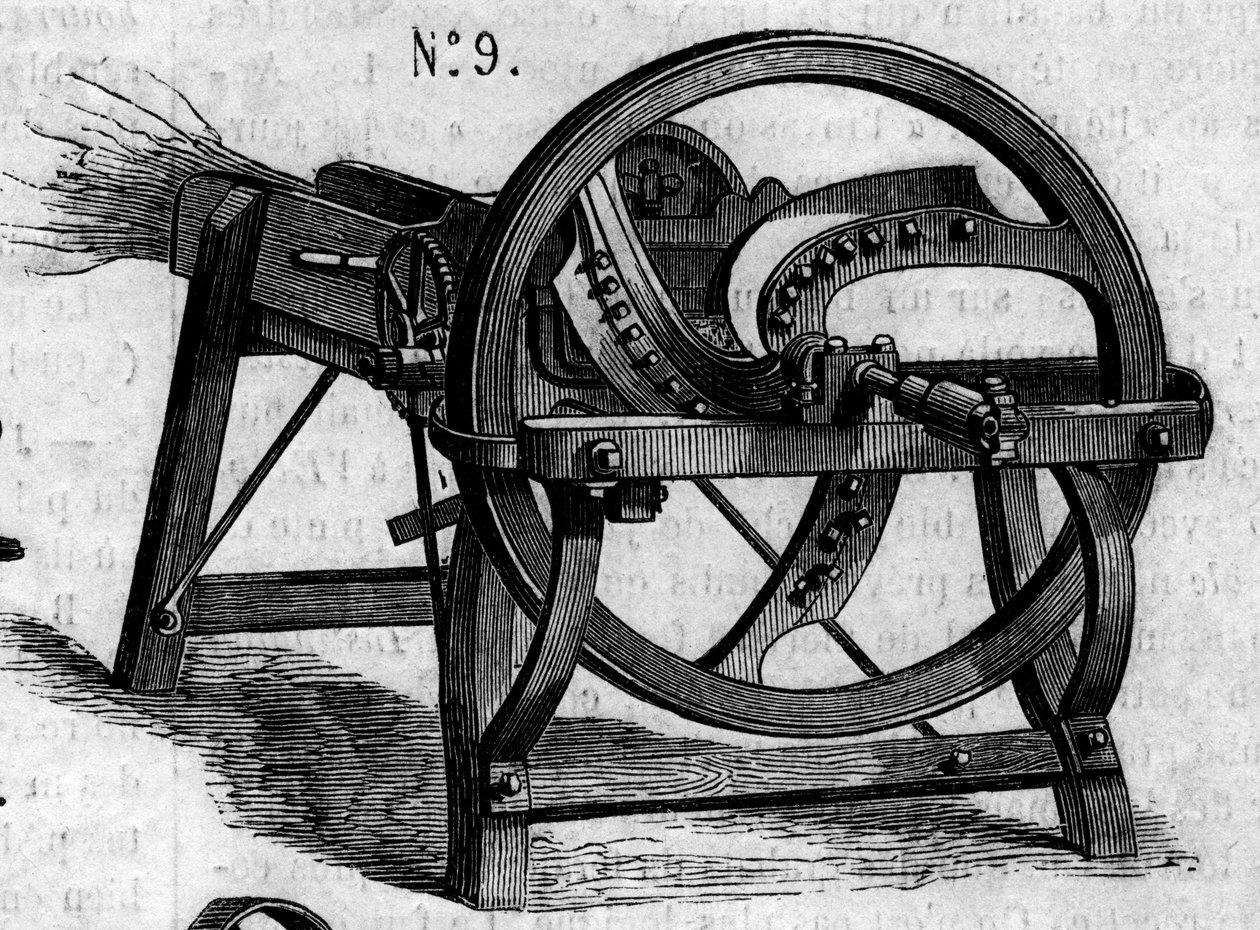 Mezőgazdasági gép: egy angol szalmabalta, amelyet a párizsi mezőgazdasági versenyen mutattak be 1860-ban. Metszet az 1860. július 7-i „” Le Monde Illustré”” 169. sz. alkotó: French School
