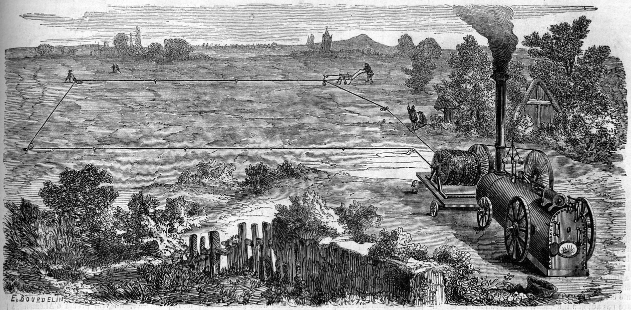 Mezőgazdaság: a földműveléshez gőzgépet használó parasztok. Metszet a „” Le Monde Illustré”” 131. számában, 1859. október 15. alkotó: French School