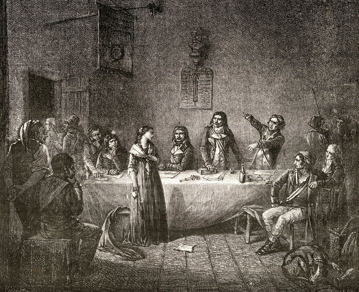 Aimee Cecile Renault a Forradalmi Bizottság előtt, Louis Blanc (1811-82) „Histoire de la Revolution Francaise” című művéből alkotó: French School