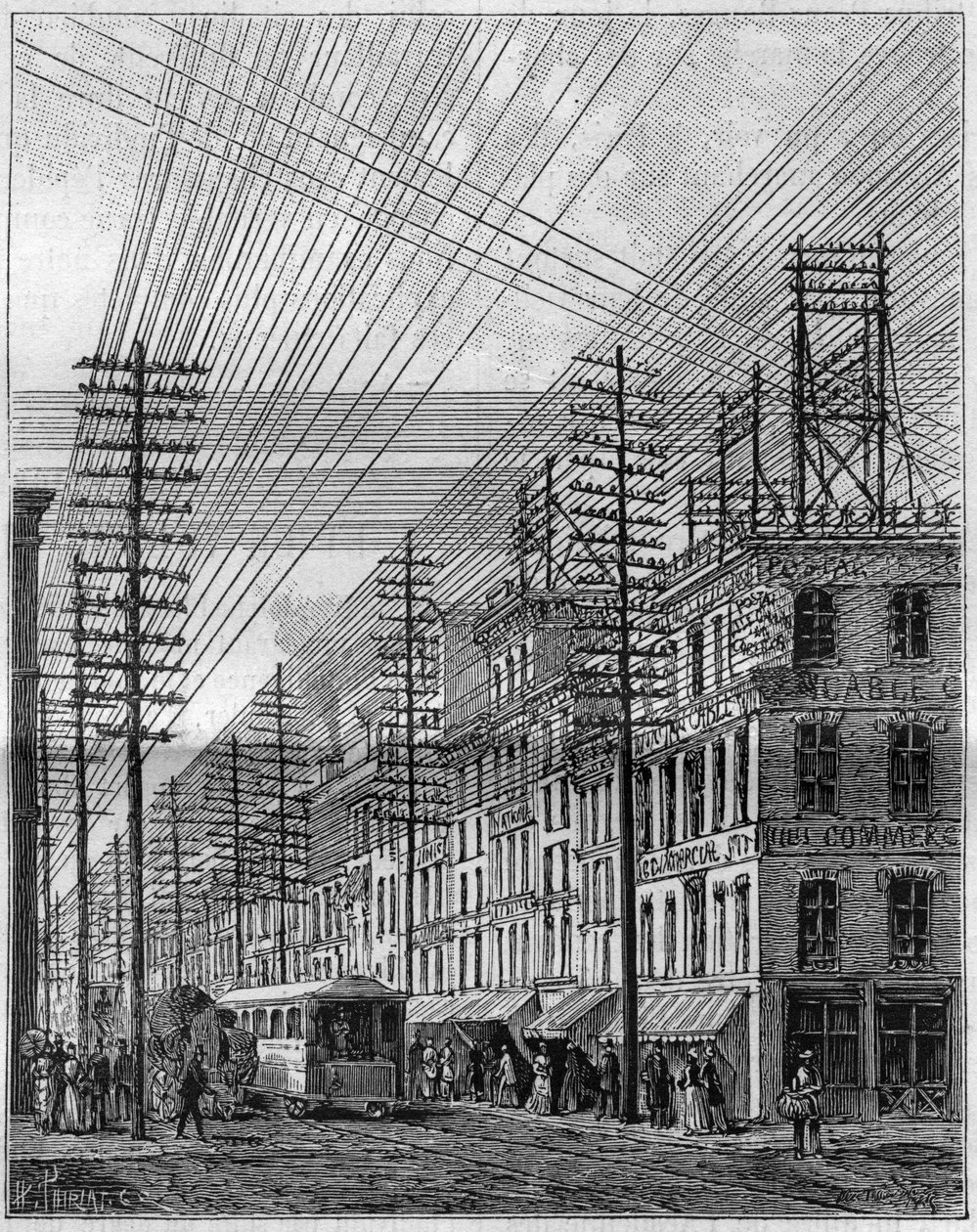 Levegő elektromos vezetékek Philadelphiában (Egyesült Államok), a Chestnut street és a harmadik utca sarkán. Metszet a „” La Nature-be. Revue des sciences et de ses applications aux arts et a l