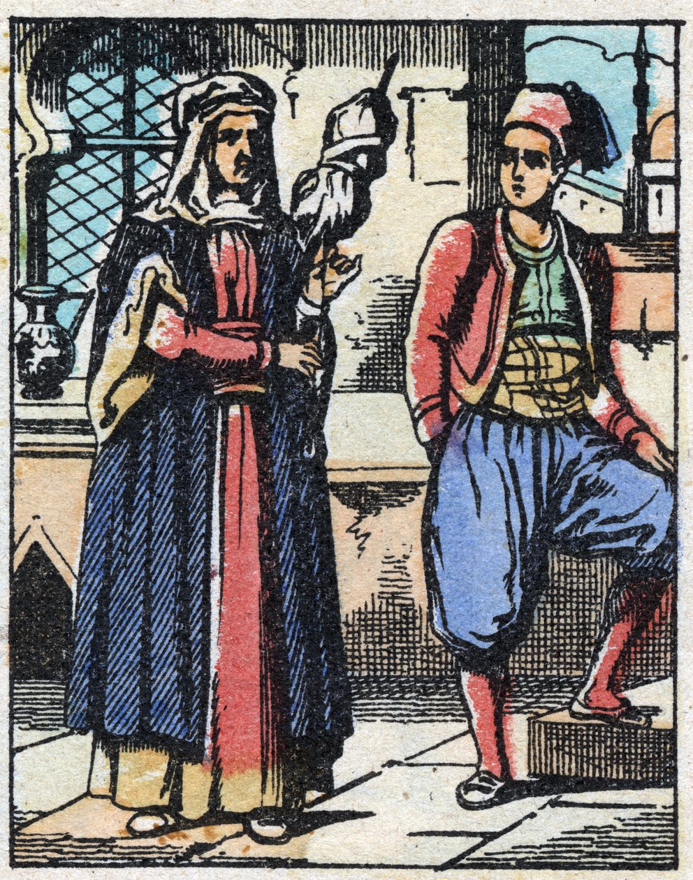 Aladin és a munkájukból élő anyja. Ezeregyéjszaka meséjének metszete „” Aladin és a csodálatos lámpa””. Epinális képalkotás, 19. század vége. Magángyűjtemény. alkotó: French School
