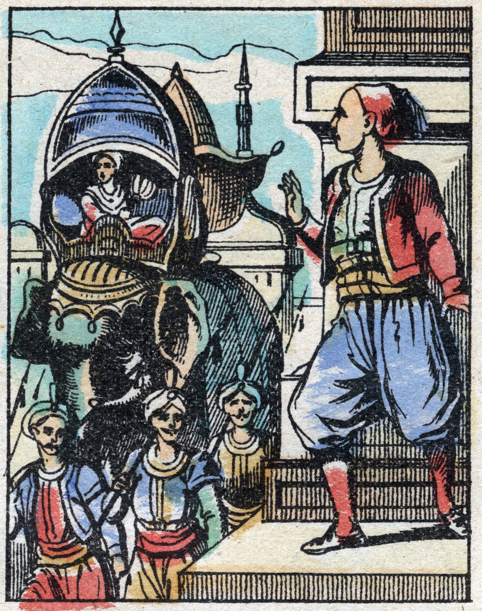 Aladin beleszeret a szultán lányába. Ezeregyéjszaka meséjének metszete „” Aladin és a csodálatos lámpa””. Epinális képalkotás, 19. század vége. Magángyűjtemény. alkotó: French School