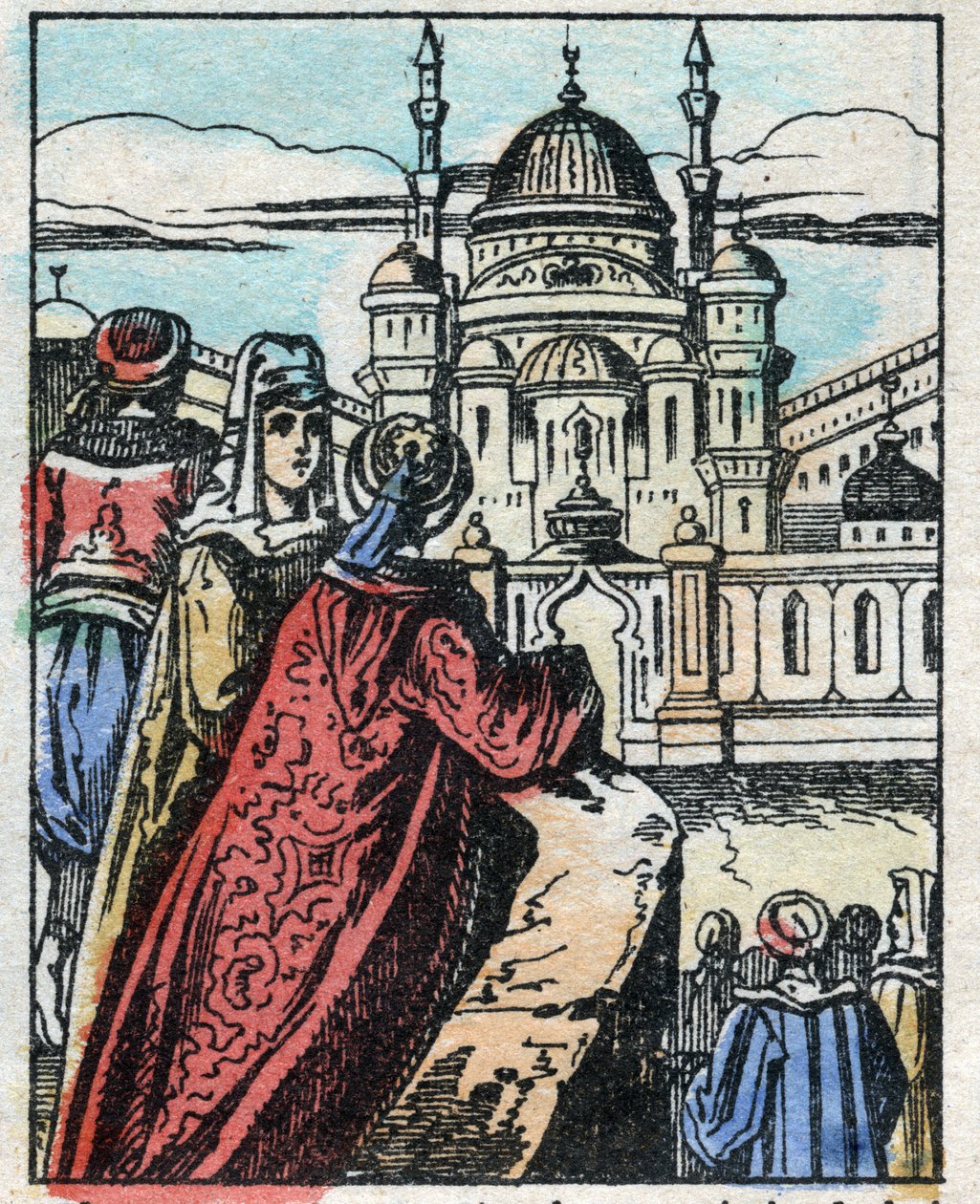 Aladin azt akarja, hogy Genie építsen egy pazar palotát a szultáni palotával szemben. Ezeregyéjszaka meséjének metszete „” Aladin és a csodálatos lámpa””. Epinális képalkotás, 19. század vége. Magángyűjtemény. alkotó: French School