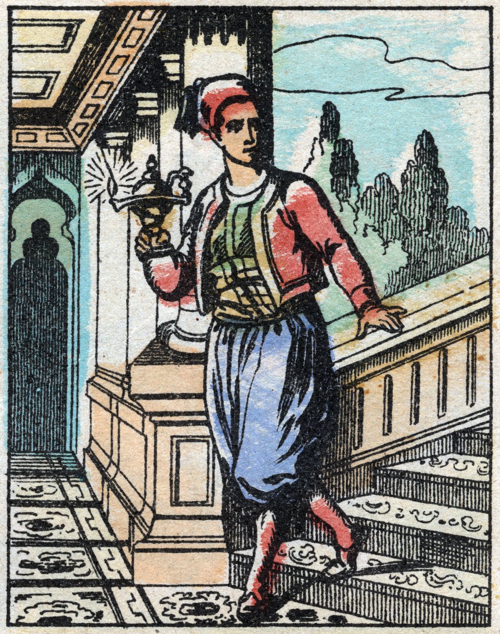 Aladin a varázslámpával már nem találja az utat. Ezeregyéjszaka meséjének metszete „” Aladin és a csodálatos lámpa””. Epinális képalkotás, 19. század vége. Magángyűjtemény. alkotó: French School