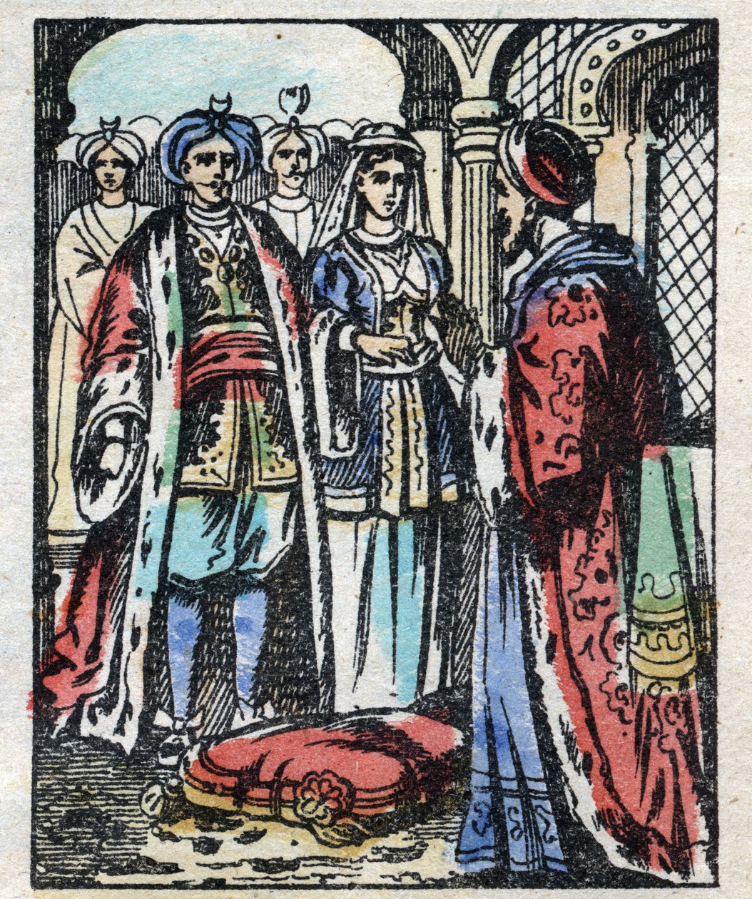 Aladin esküvője a szultán lányával. Ezeregyéjszaka meséjének metszete „” Aladin és a csodálatos lámpa””. Epinális képalkotás, 19. század vége. Magángyűjtemény. alkotó: French School
