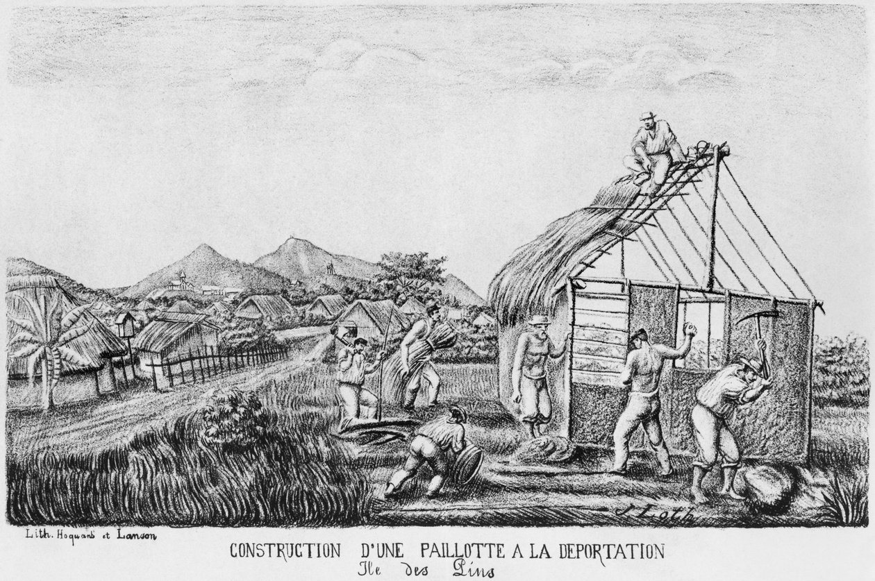 Album of the Isle of Pines, szalmakunyhó építése a deportáltak által, 1878-79 alkotó: French School
