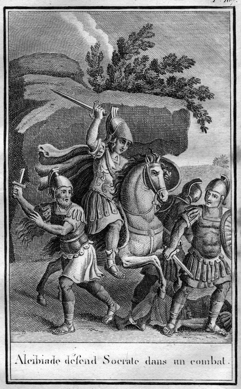 Alkibiadész (i. e. 450-404), az athéni államférfi és stratégiai ember védelmezi Szókratészt a harcban. „Az ókori történelem szépségei vagy nagy emberek emlékezetes tényei és mondásai” című könyvben alkotó: French School