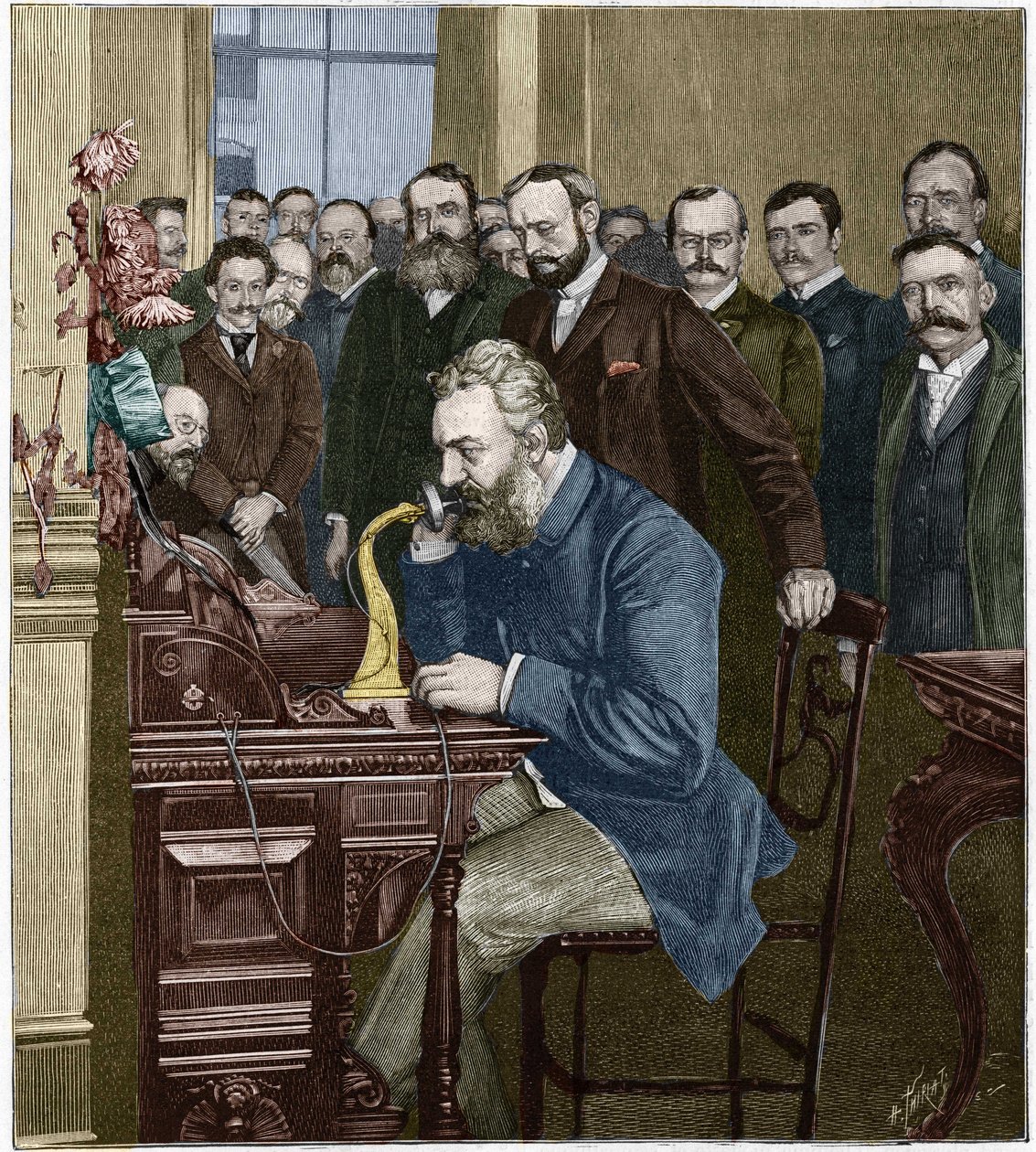 Alexander Graham Bell (1847-1922) október 18-án felavatta a New York-Chicago hosszú távú vonalat. alkotó: French School