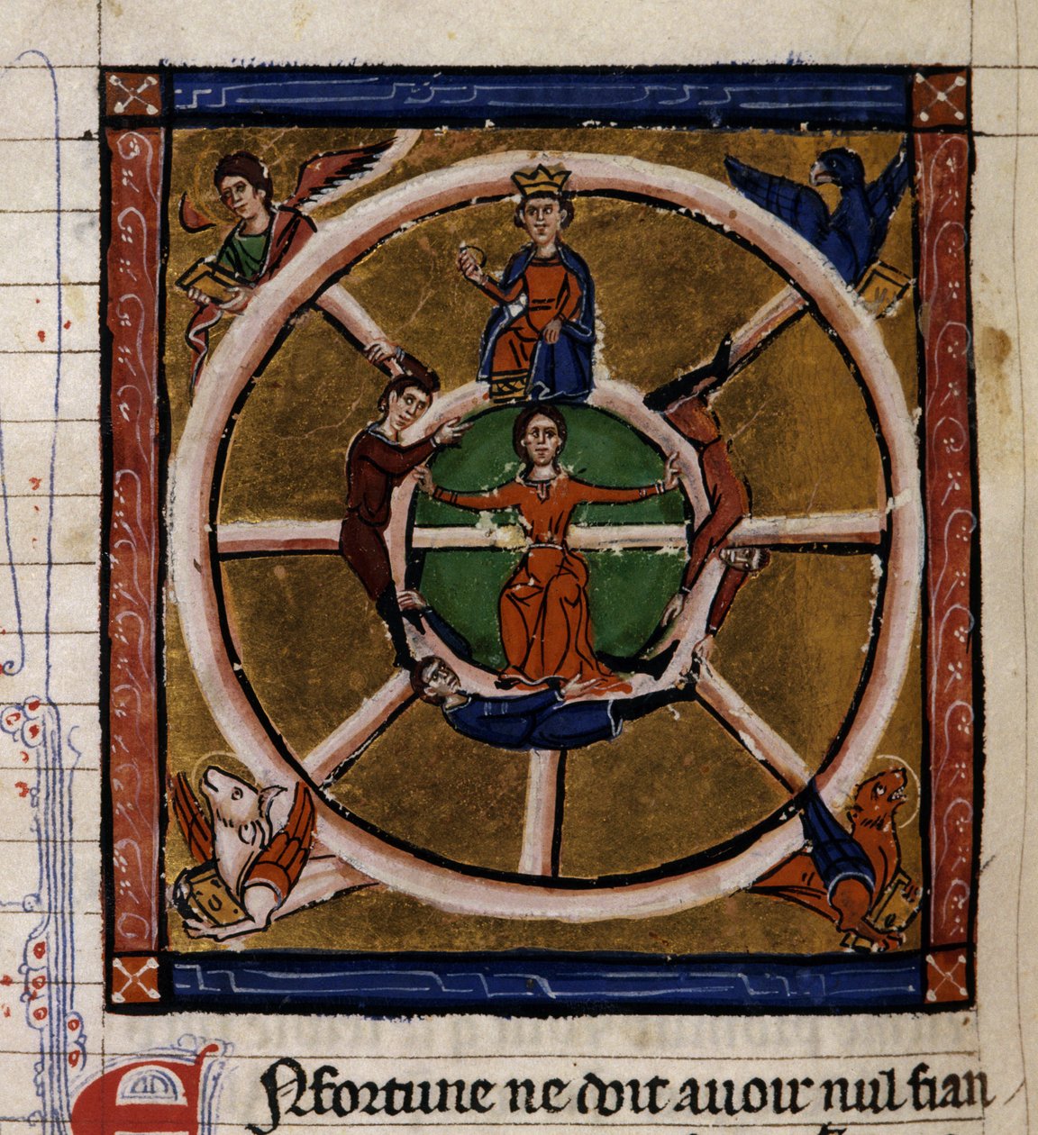 III. Nagy Sándor (Kr. e. 356-323), aki a szerencsekeréken ül, körülveszi a Tetramorfot. A „Histoire ancienne à la Cesar” kézirat miniatúrája, amelyet 1260-1270 körül írt IV. Roger, Lille Chatelain udvarának szolgálatában álló hivatalnok (120 alkotó: French School