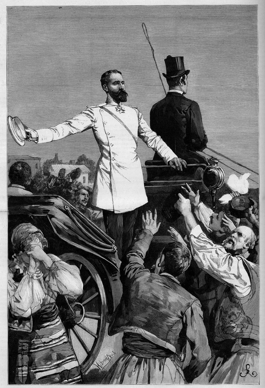 Battenbergi Sándor – I. Sándor herceg, miután lemondott a trónról, a nép nagyra értékelte, amikor elhagyta Szófiát. Metszet a „The Illustrous World”-be alkotó: French School