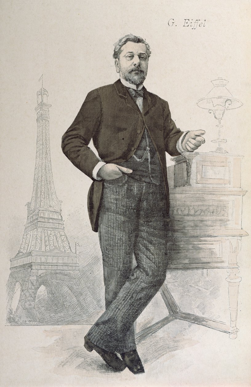 Alexandre Gustave Eiffel íróasztala mellett pózol a Tour Eiffel rajzával, a La Revue Illustree illusztrációja, 1888 alkotó: French School