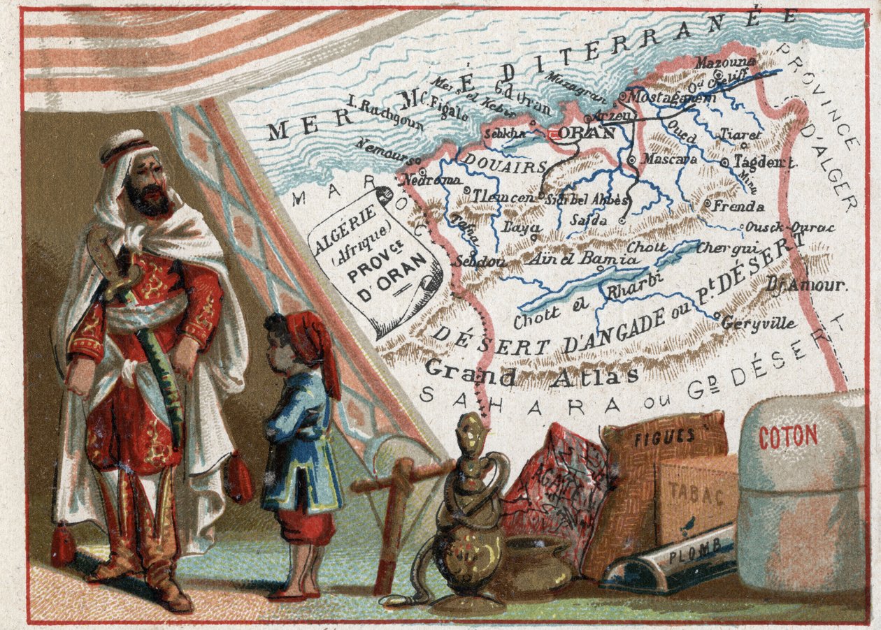 Algéria Afrikában és Oran tartomány, Franciaország. Sorozat a francia minisztériumokról. Füge, pamut, dohány, agathe és ólom importja. Kromolitográfia (Chromo) „” a földrajzi szál””, 1920 körül. Magángyűjtemény. alkotó: French School